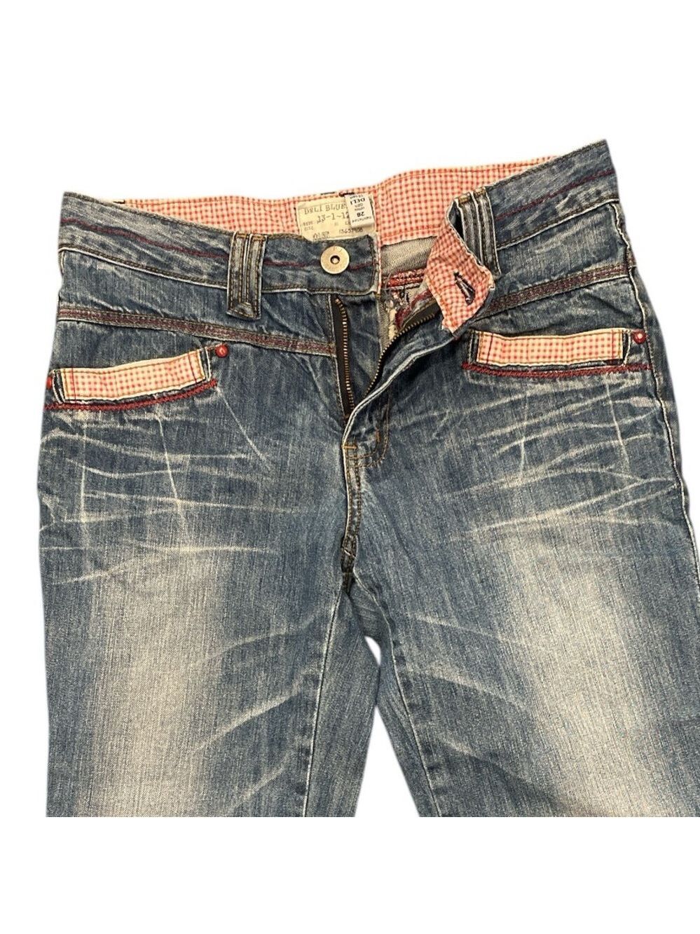 Deli Blue Americana Cropped Denim Jeans Waist 30” Red Gingham 2006 Y2K